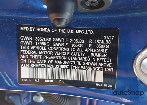 2017 Honda Civic Sport из США, поврежденный, VIN SHHFK7H42HU218697